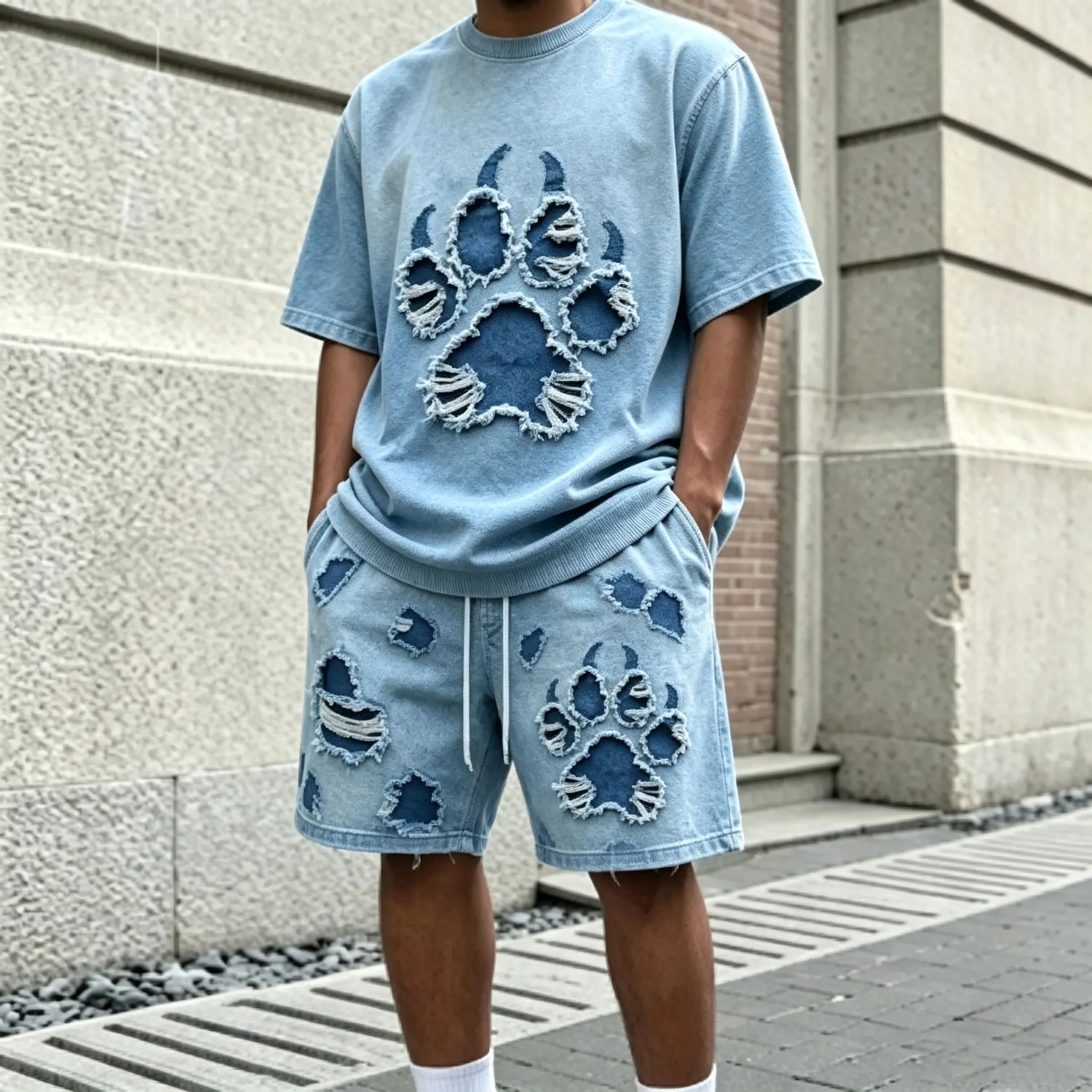 para hombre Blue Crew-Neck de manga corta camiseta and shorts Set