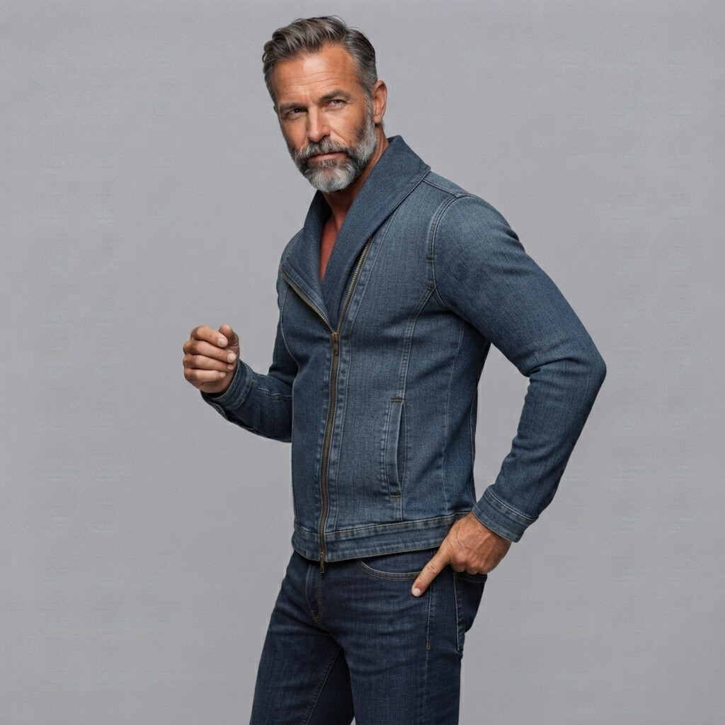 para hombre vintage Denim Lapel Collar Slant Pocket Slim Asymmetrical con cierre chaqueta