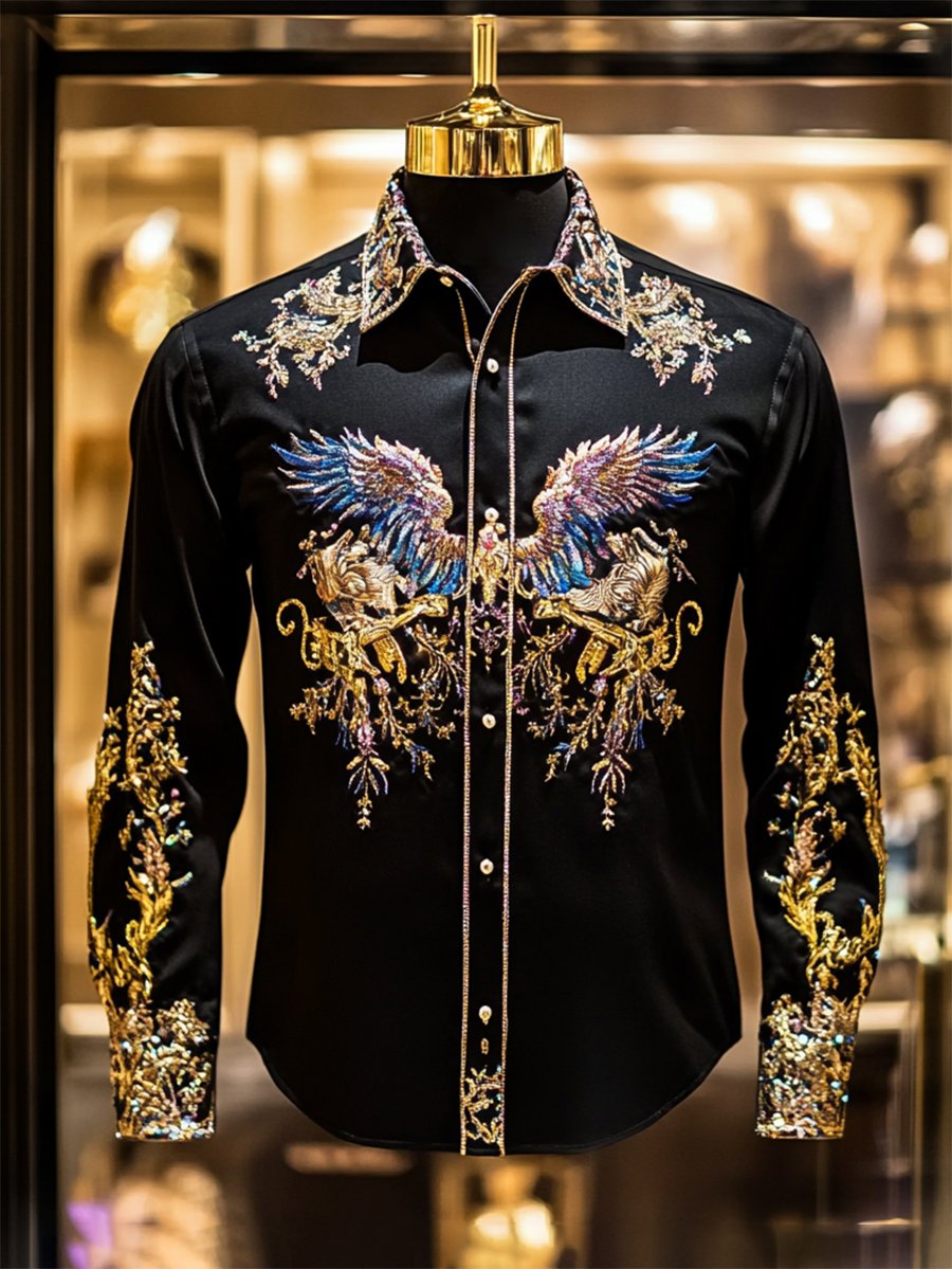 Camisa satén Luxe Wings de manga larga con botones para hombre