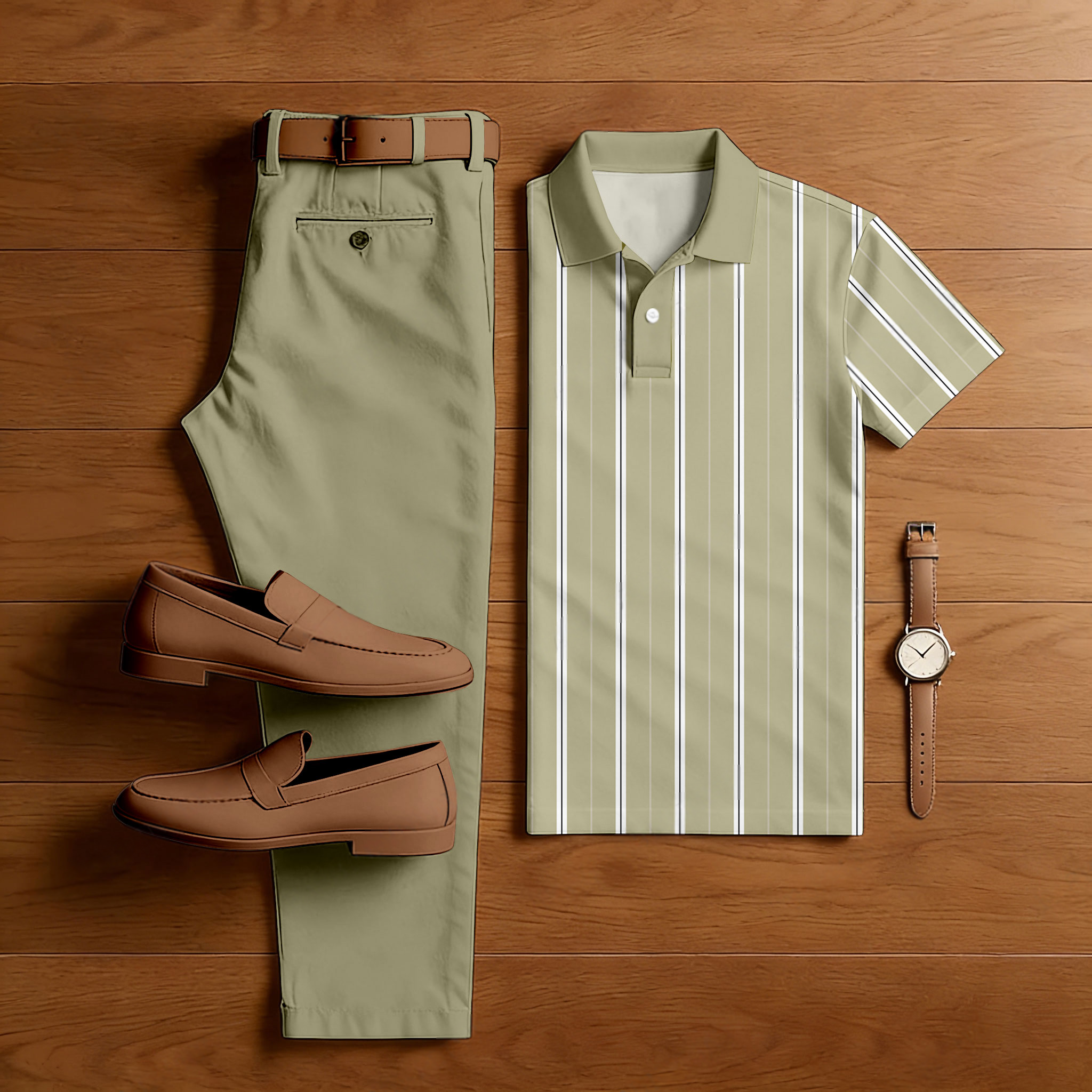 Conjunto de dos piezas casual Khaki & White Color Matching a rayas estampado de manga corta camisa polo & Trousers para hombre