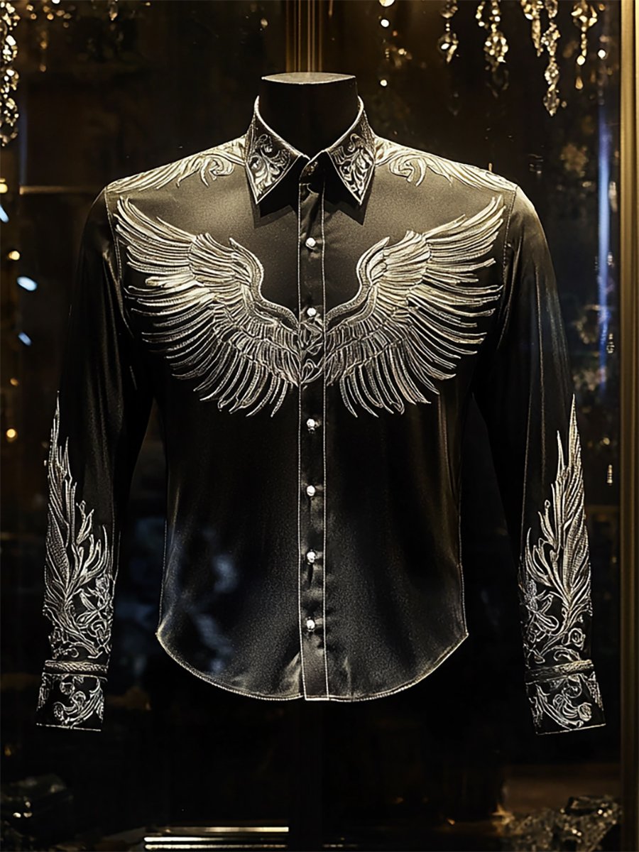 Camisa satén Luxe Wings de manga larga con botones para hombre