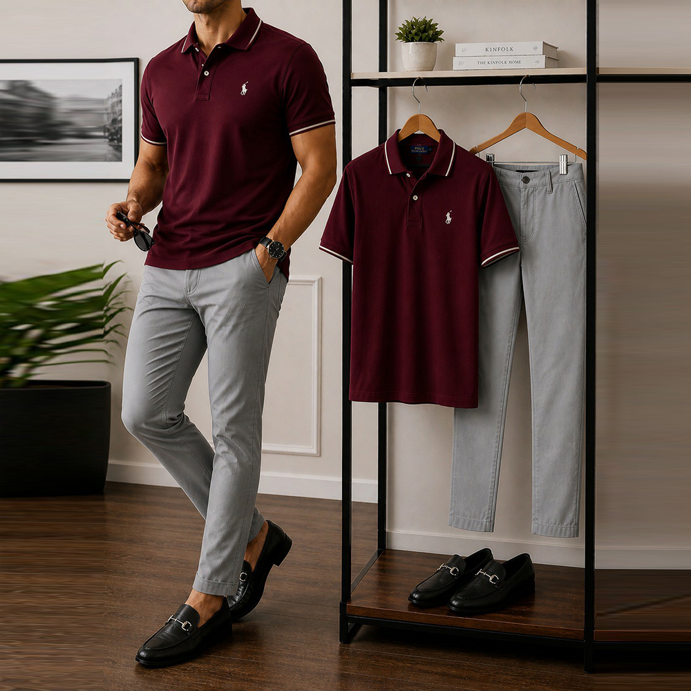 Conjunto de dos piezas casual Burgundy Trimmed Collar camisa polo And Light Gray pantalón para hombre