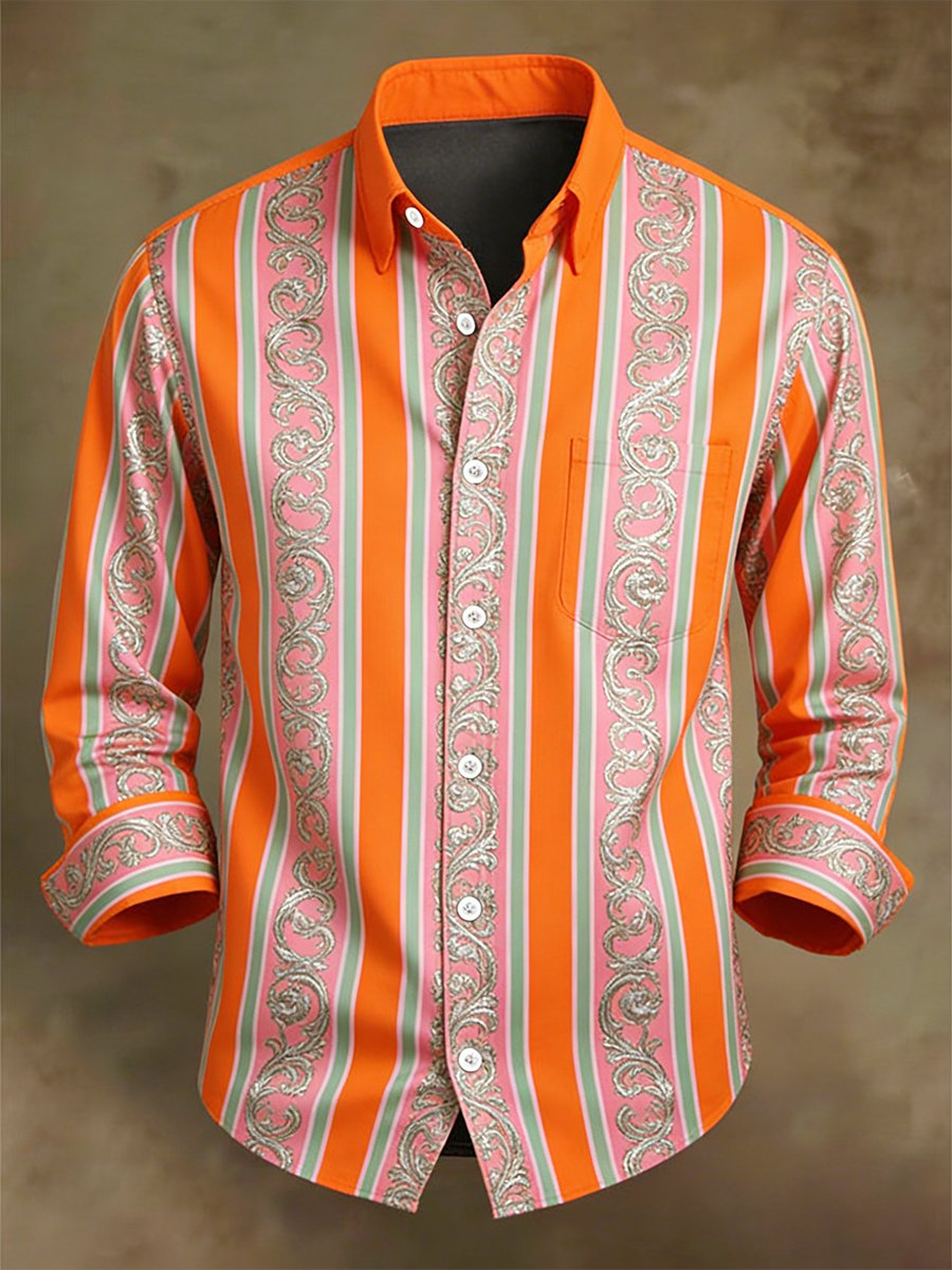 Camisa retro ejecutivo casual Baroque a rayas de manga larga para hombre