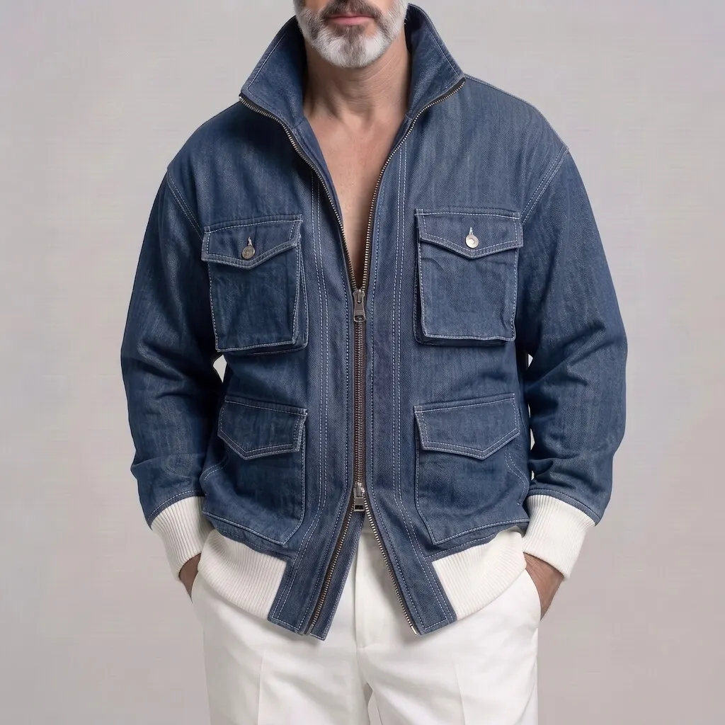 para hombre casual de color sólido Multi-Pocket Ribbed Hem con cierre Denim chaqueta