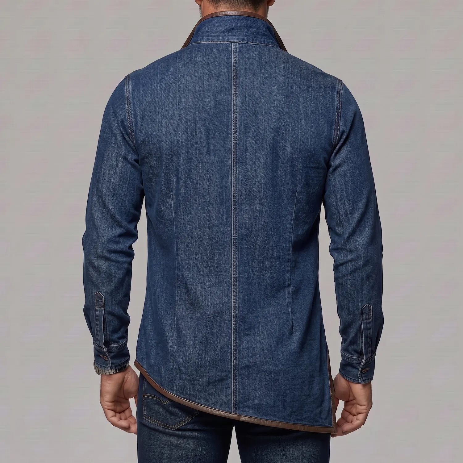para hombre Denim Stand Collar Contrast PU Leather Trim Side Slit Half Zip de corte entallado Sweacamiseta