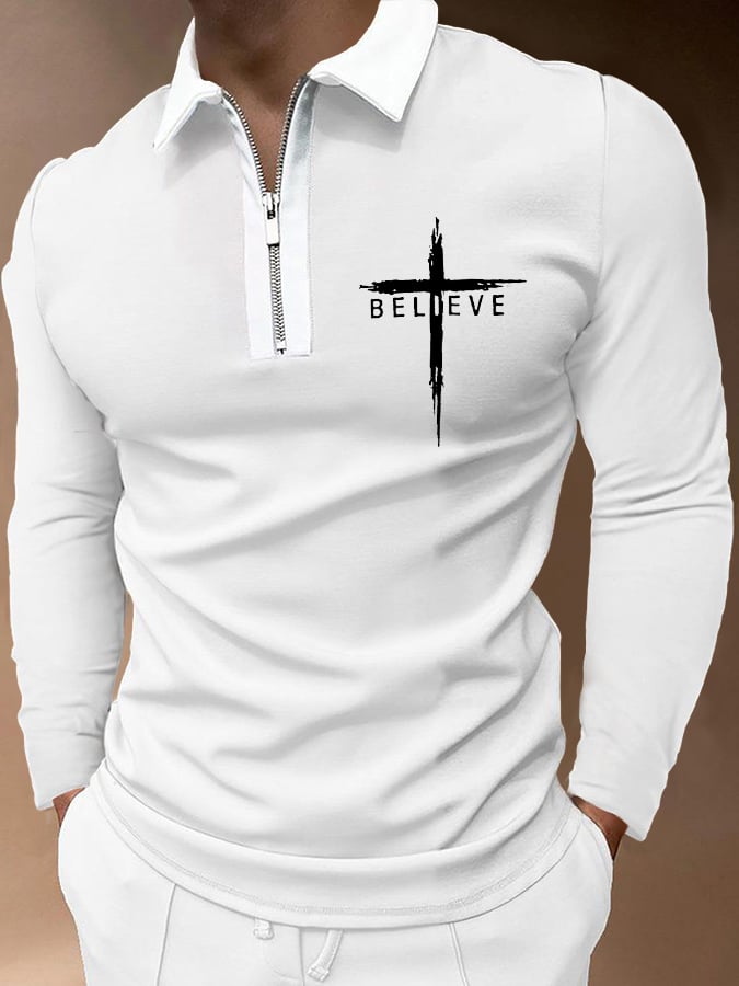 Camisa polo Believe Cross estampado de manga larga para hombre