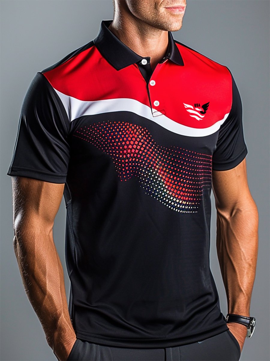 Camisa polo ejecutivo casual Independence Day a rayas Button de manga corta para hombre