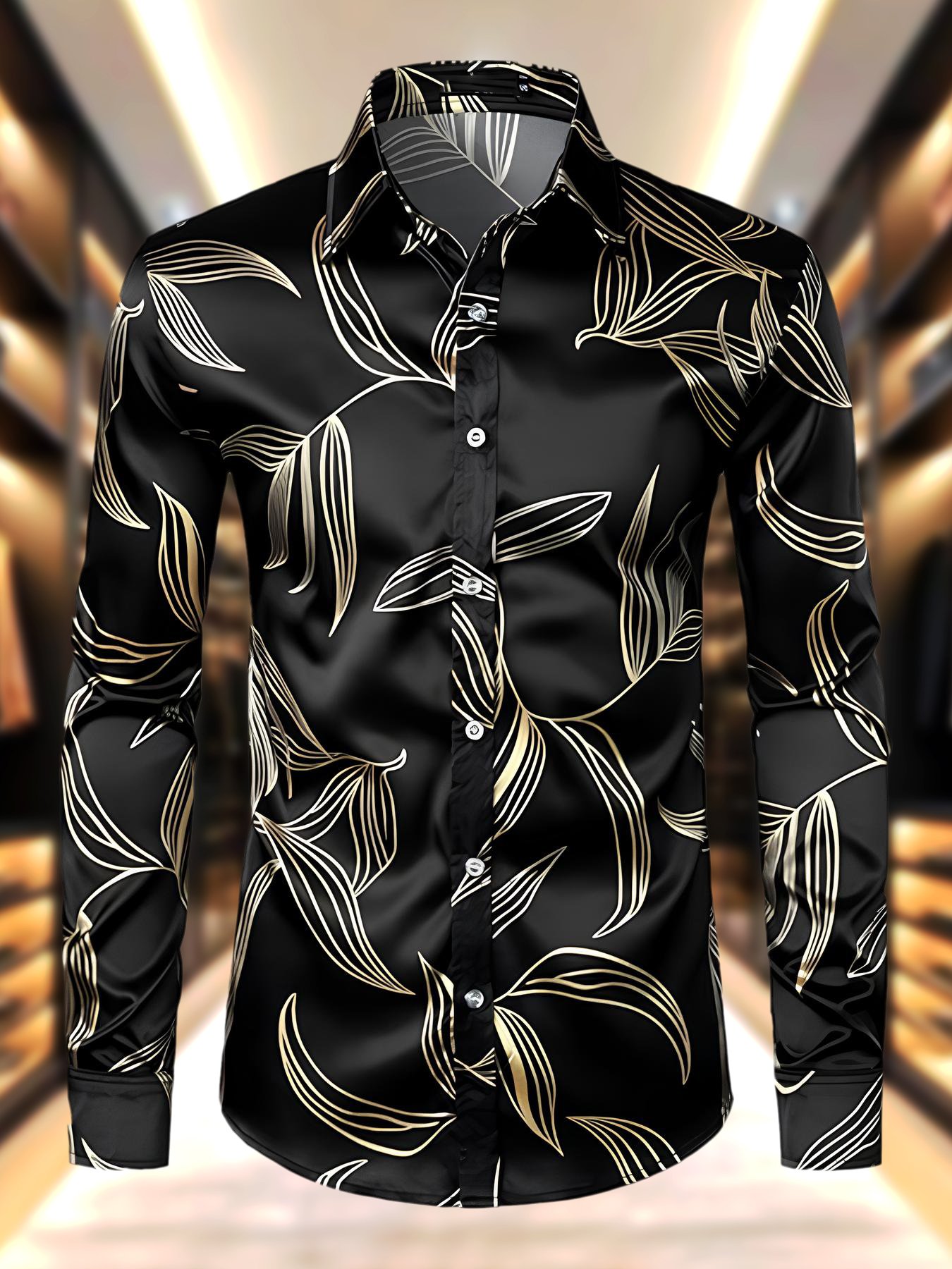 Camisa satén Luxe floral de manga larga con botones para hombre