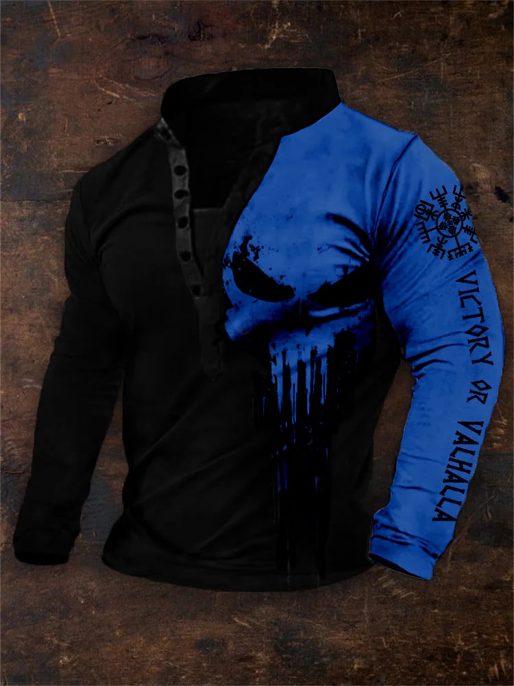 Sudadera vintage Victory Or Valhalla Vegvisir Skull Contrast estampado Henley cuello para hombre