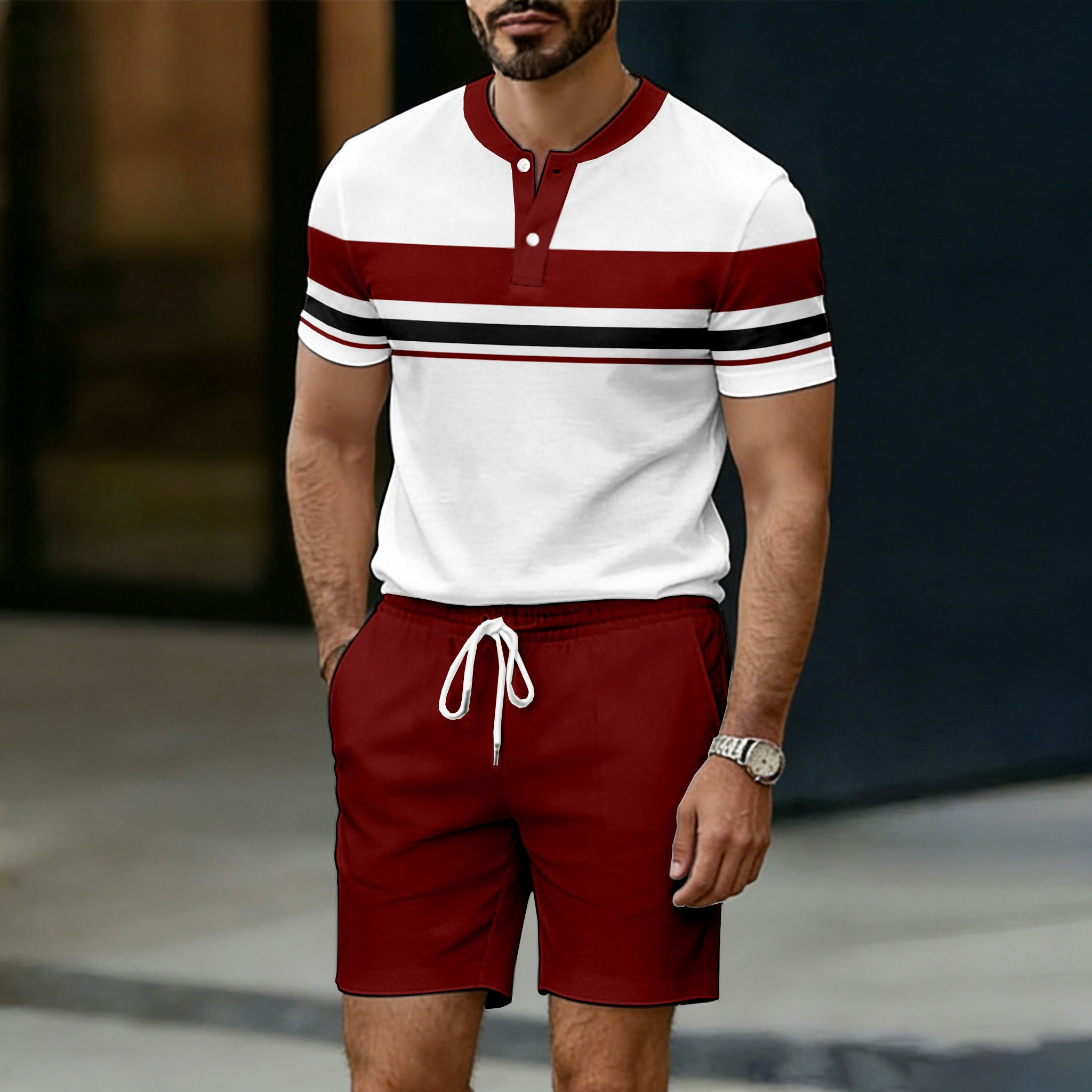 Conjunto de dos piezas casual Burgundy & White Geometric estampado Crew Neck Button-Up de manga corta camiseta And shorts para hombre