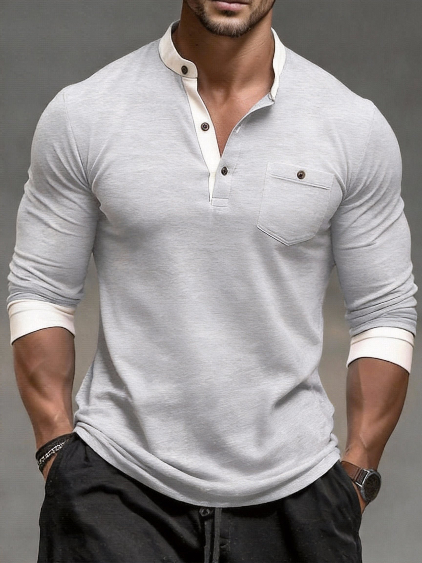 Camiseta vintage Comfortable de manga larga Henley para hombre
