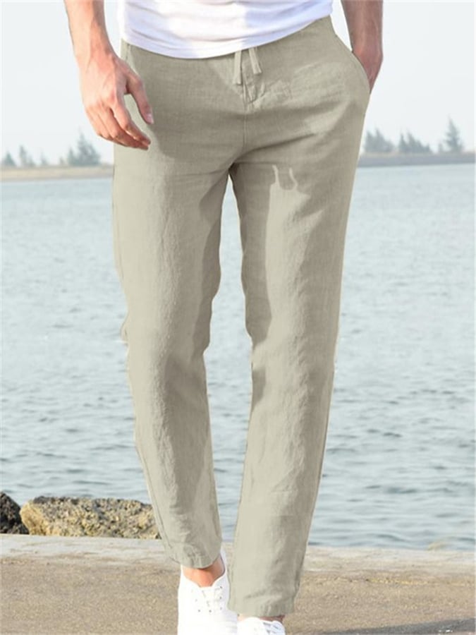 Casual de color sólido de algodón And de lino Drawstring Elastic Waist Trousers para hombre
