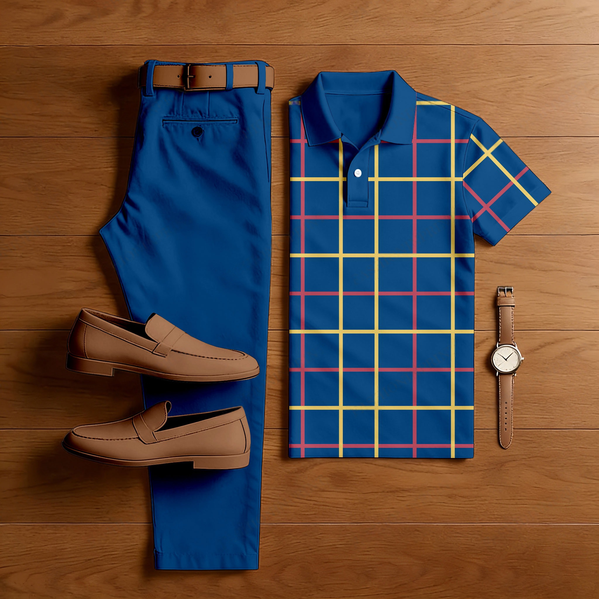 Conjunto de dos piezas casual Navy Blue a cuadros estampado de manga corta camisa And Trousers para hombre