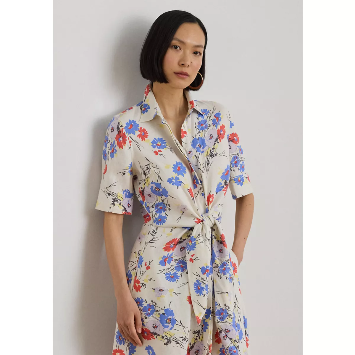 Petite Floral Tie-Front Linen Shirtdress - 2
