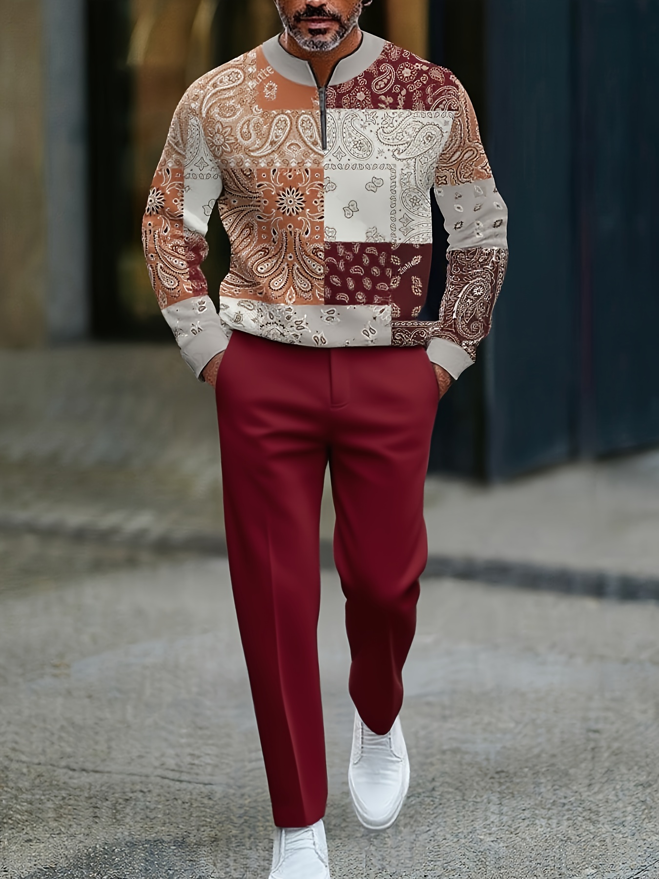 Conjunto de dos piezas casual Color Matching estampado Round-Neck Zipper de manga larga Trousers para hombre