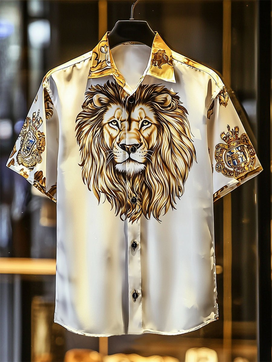 Camisa satén Luxe Lion estampado de manga corta Button para hombre