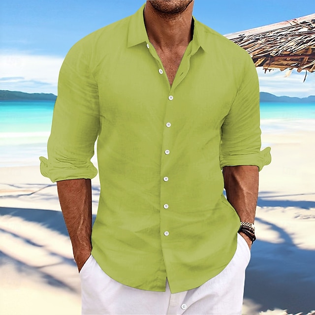 Camisa de lino Summer camisa Beach Wear casual camisa Button Up camisa Plain casual para uso diario Light Yellow White Pink Dark Navy de manga larga Spring & Summer Clothing Apparel para hombre