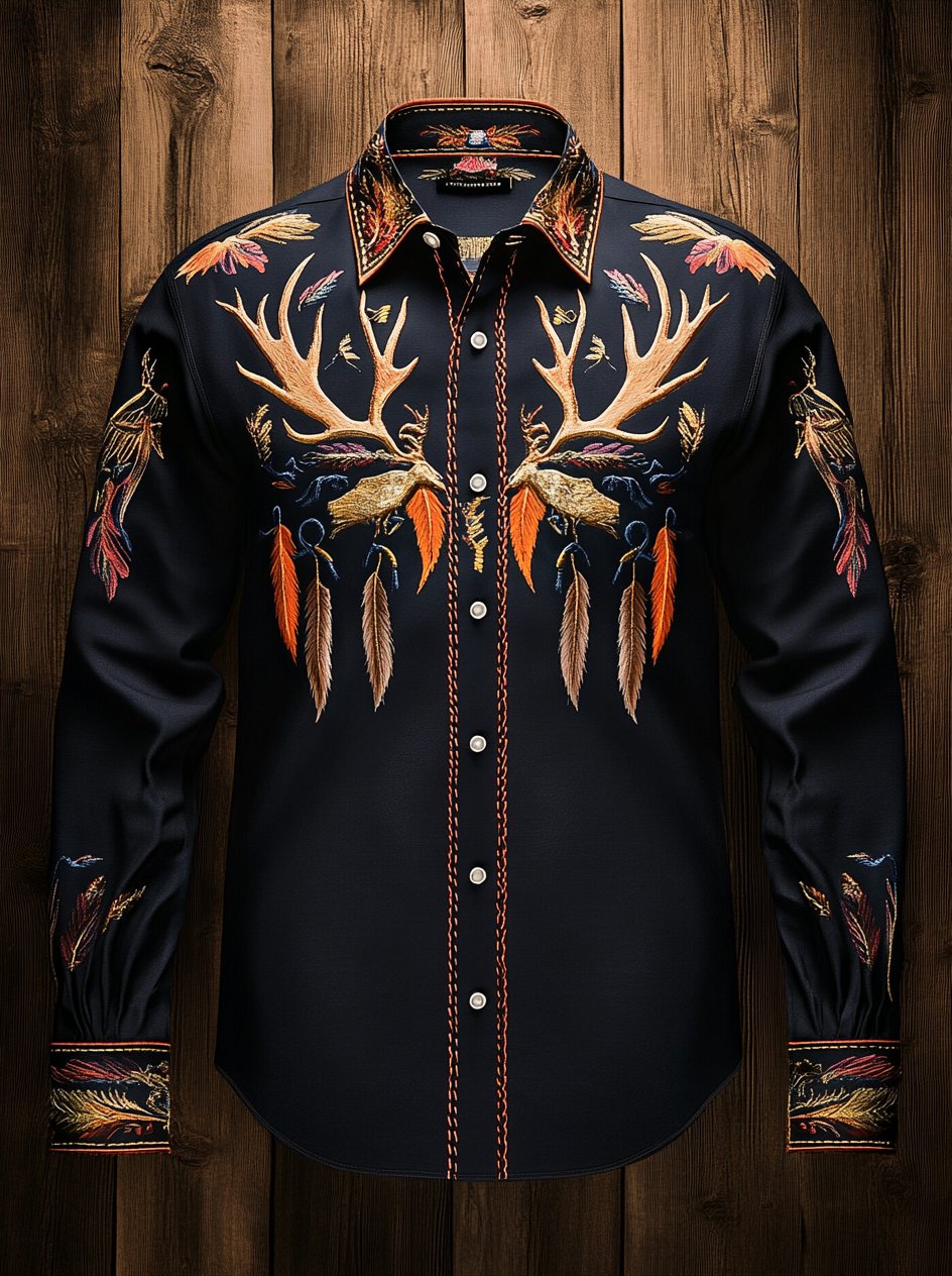 Camisa Western vintage Indian Totem estampado de manga larga para hombre
