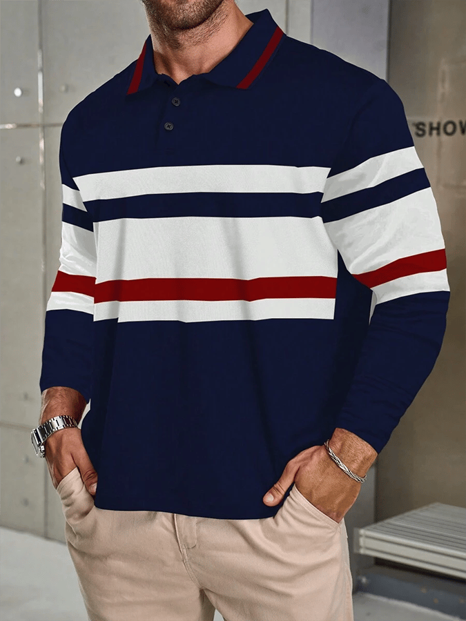Camisa polo a rayas ejecutivo casual de manga larga para hombre