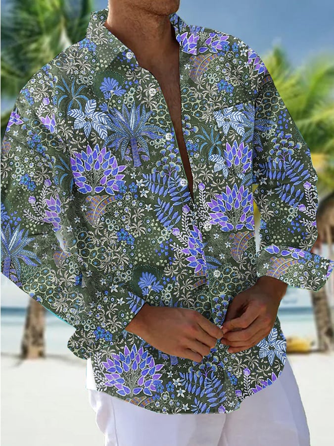 Camisa vintage floral Pocket de manga larga para hombre