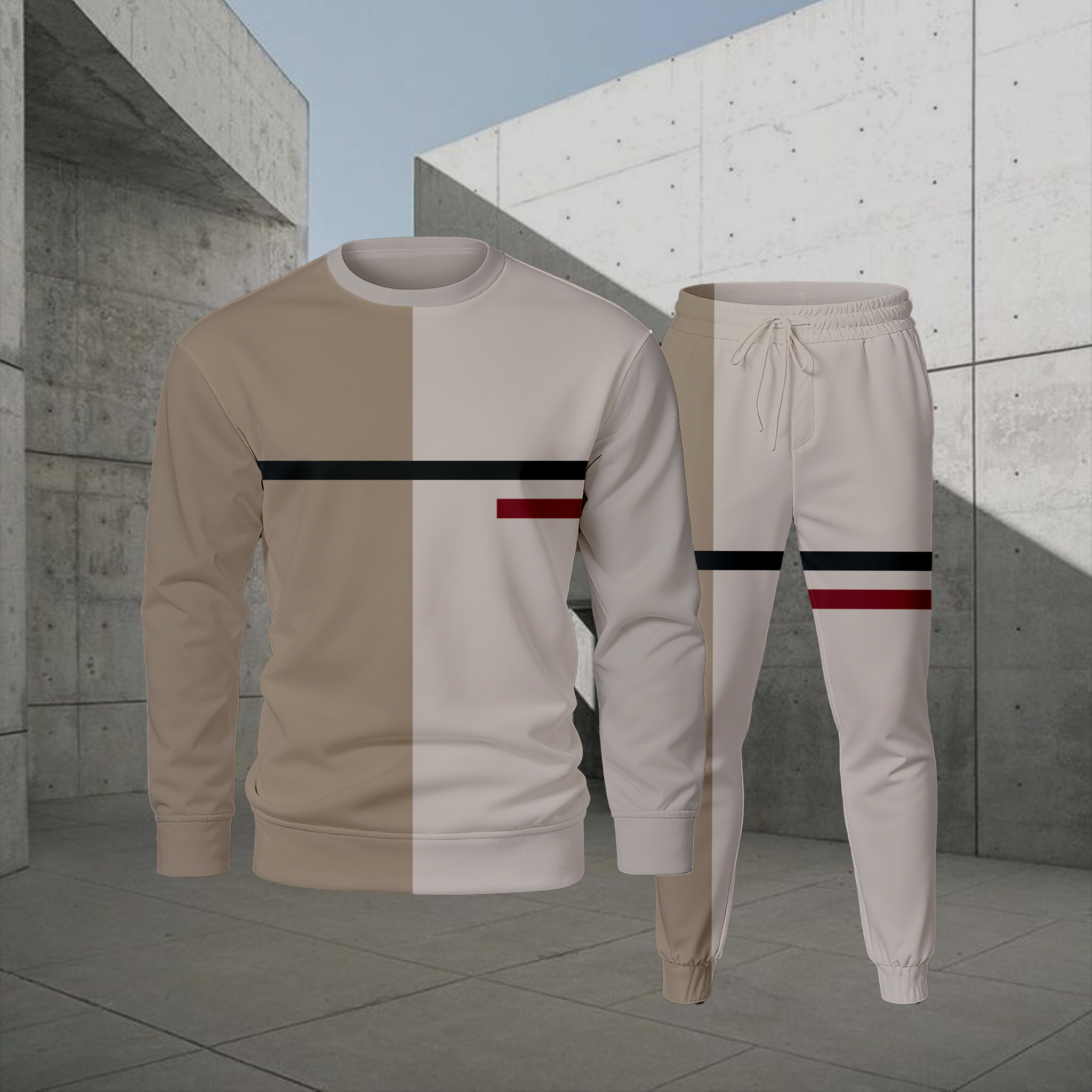 Conjunto de dos piezas casual Color Matching estampado Round-Neck de manga larga sudaderas Trousers para hombre