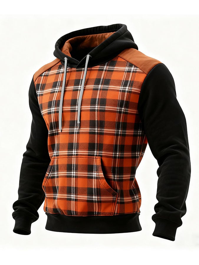 Sudadera casual retro a cuadros estampado de manga larga Hooded para hombre