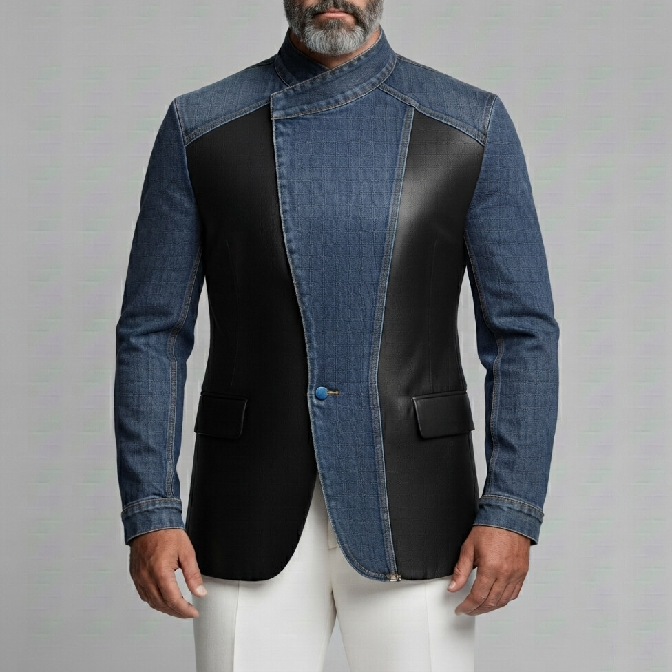 Chaqueta Denim PU Leather Patchpara trabajo Colorblock Stand Collar de corte entallado Wrap para hombre