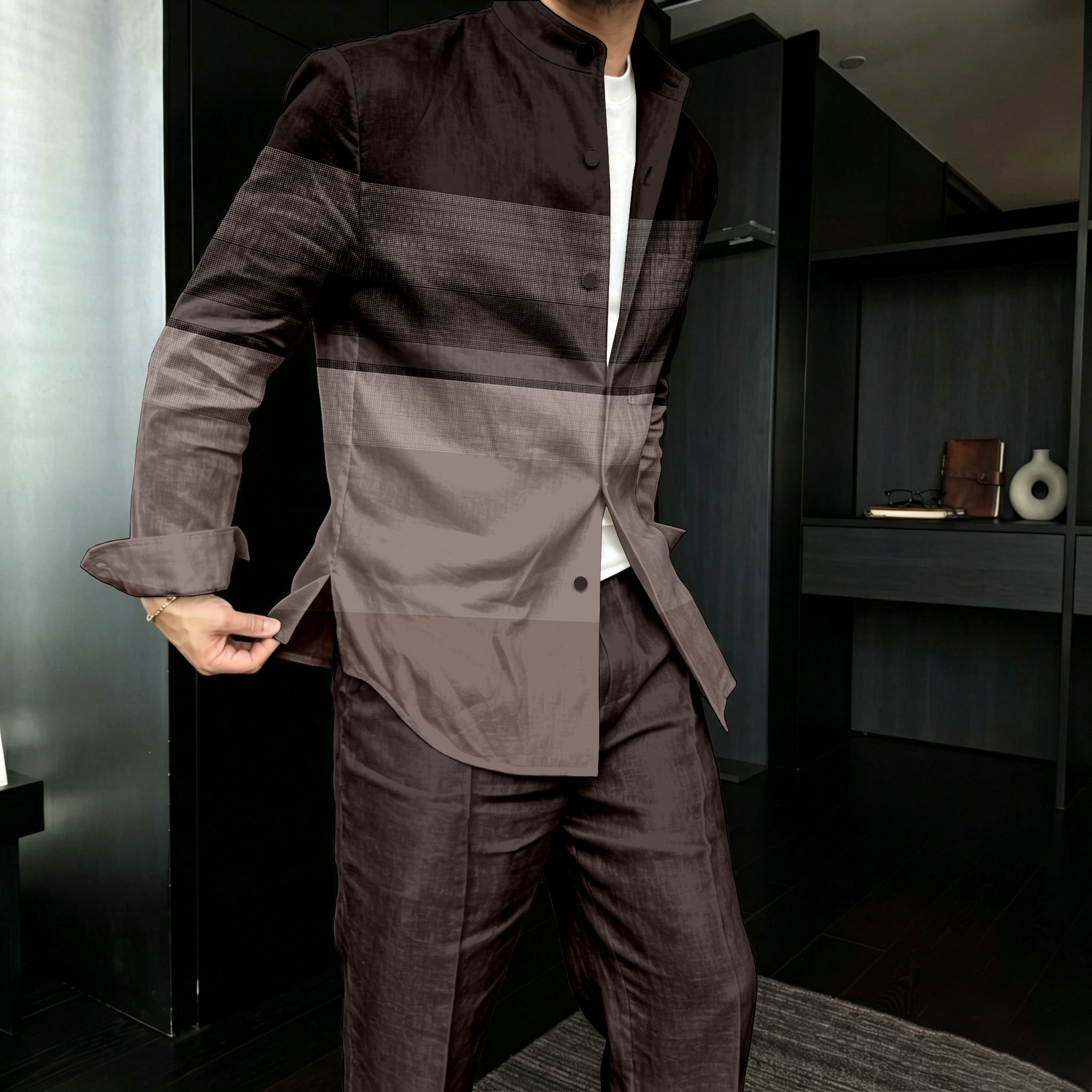 Conjunto de dos piezas casual Black-and-Gray Block-estampado Stand-Collar de manga larga camisa and pantalón para hombre