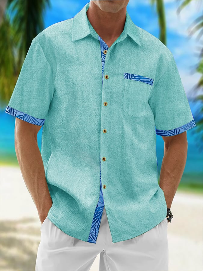 Camisa Resort Style Contrast estampado casual de manga corta para hombre