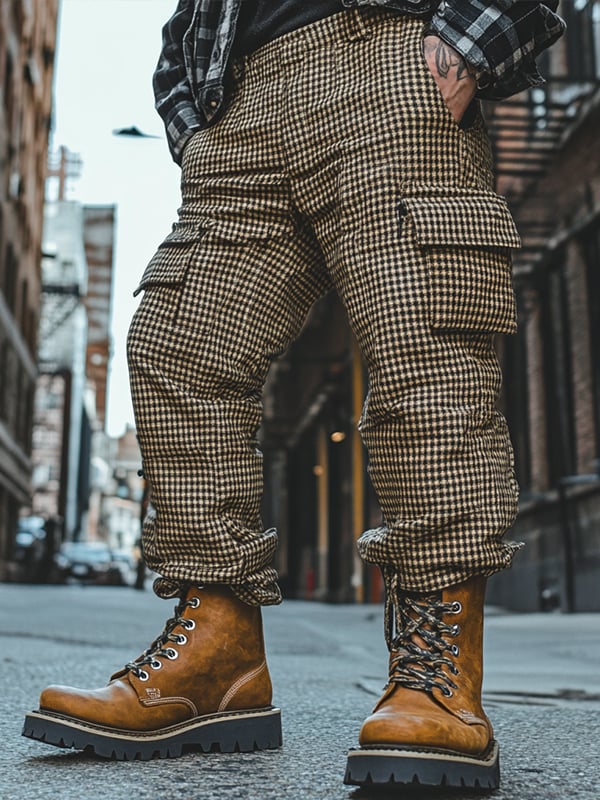 Vintage tejido tipo waffle a cuadros Multi-bolsillo para exterior Overalls para hombre