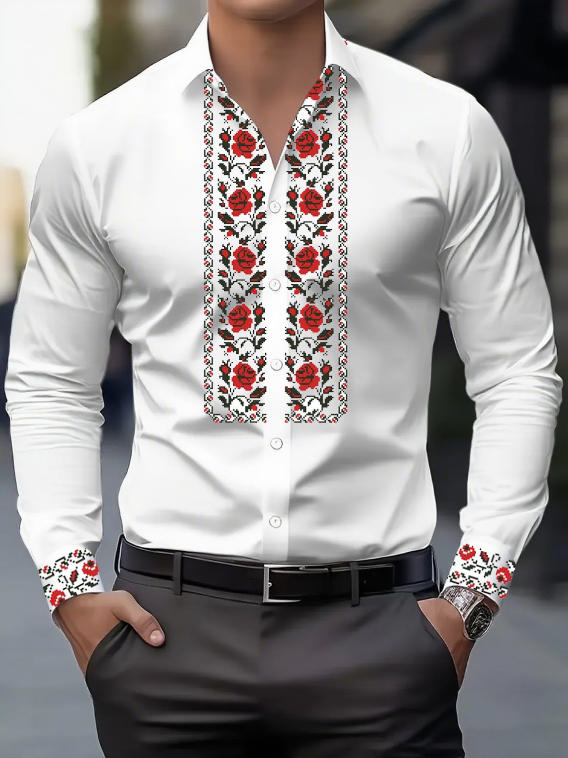 Camisa Street Style ejecutivo casual estampado de manga larga para hombre