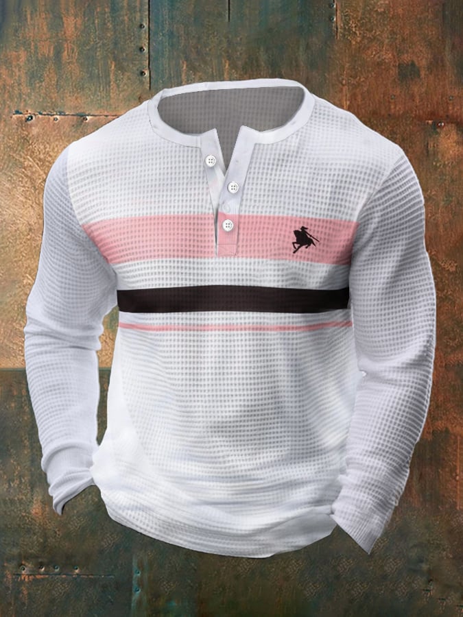 Camiseta vintage Waffle Color Patch Henley Neck para hombre