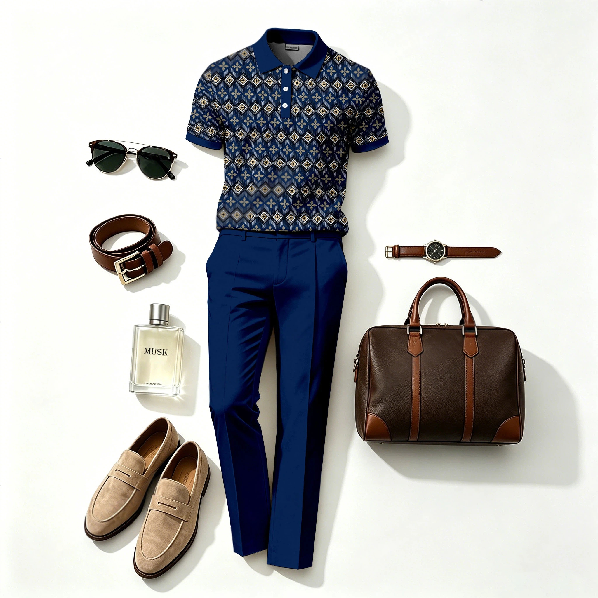 Conjunto de dos piezas casual retro Diamond-Patterned estampado de manga corta camisa polo and pantalón (Does Not Include Accessories Such As Watches Or Glasses) para hombre