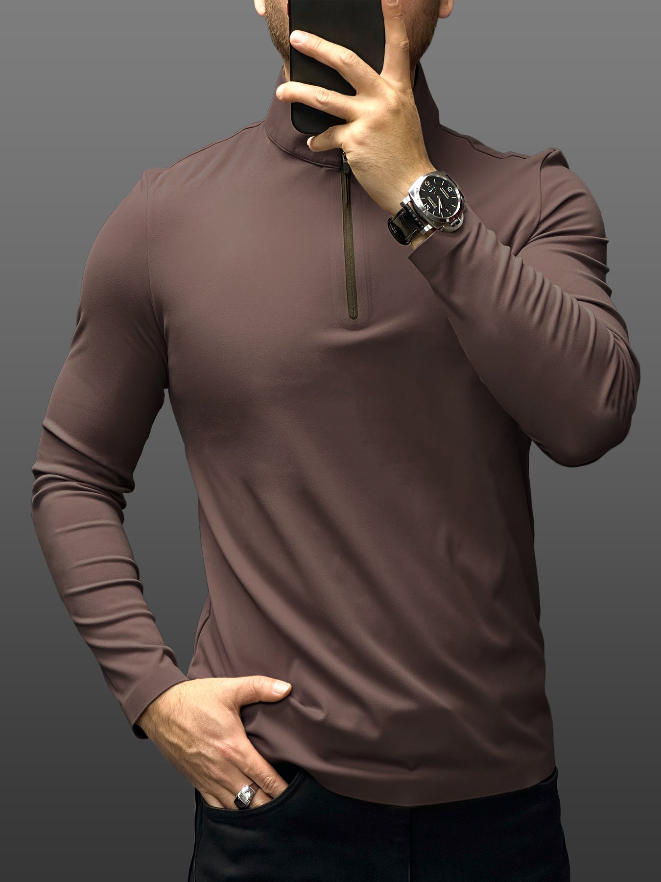 SmoothBlend de corte entallado Half Zip Mock Neck Tee: Zip Contrast Color