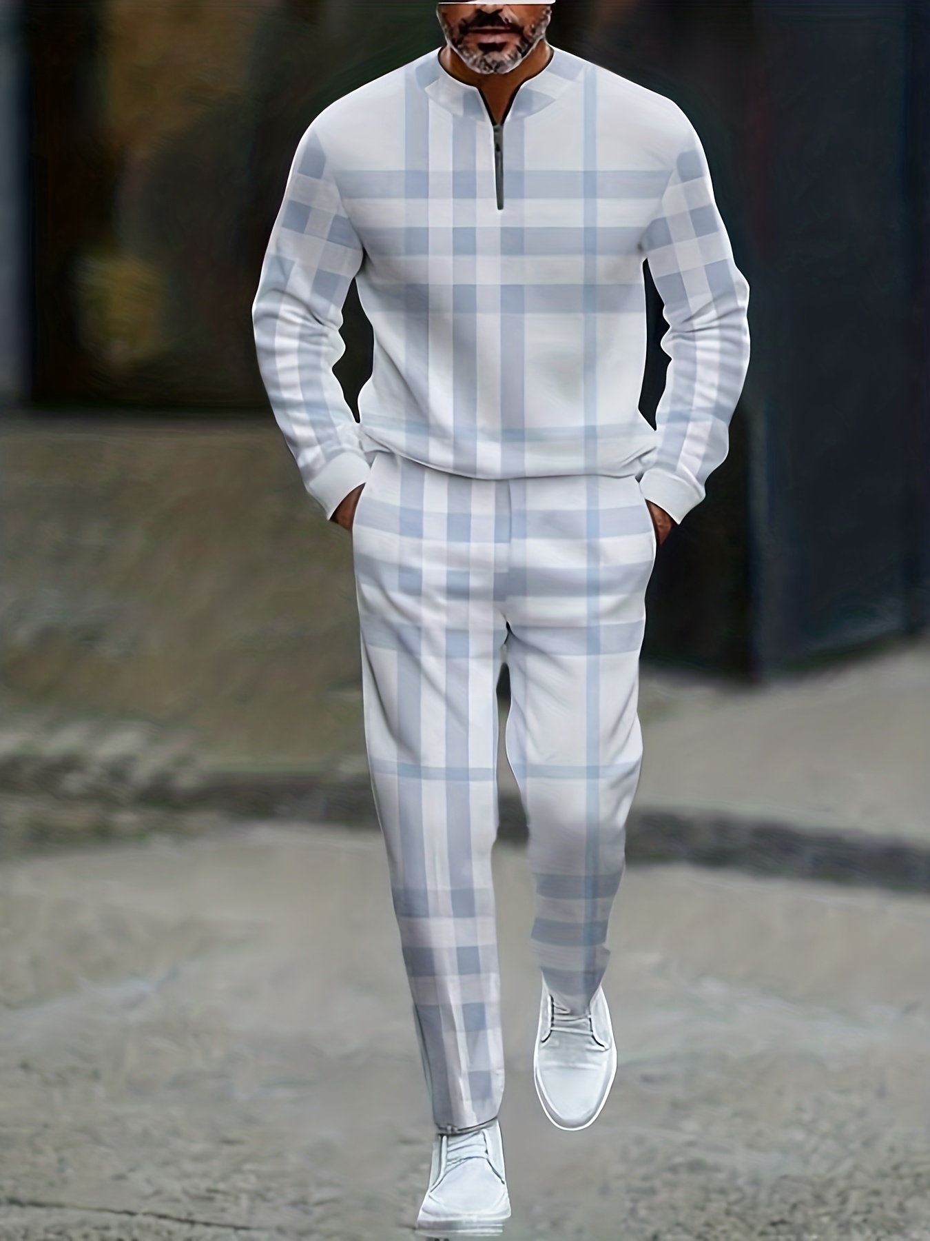 Conjunto de dos piezas casual Blue Checked estampado Round-Neck Zipper de manga larga Trousers White para hombre