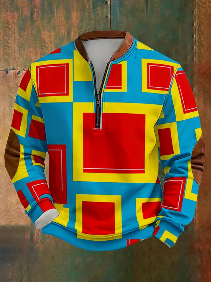 Sudadera retro Bauhaus geométrico Style estampado Quarter Zip para hombre
