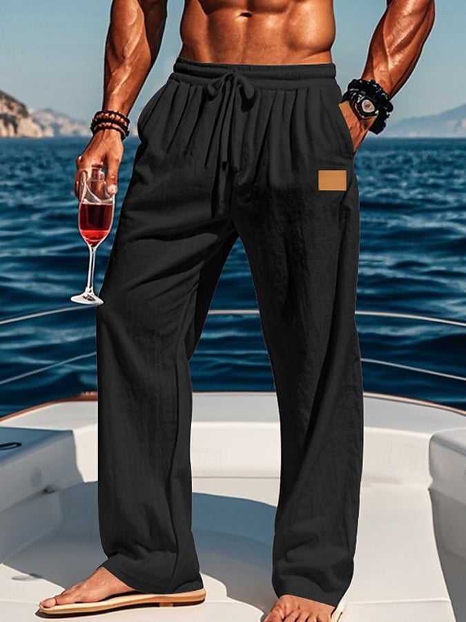 Pantalón Drawstring Elastic Waist Straight de color sólido Comfortable And transpirable para exterior Vacation Beach Vacation casual para hombre