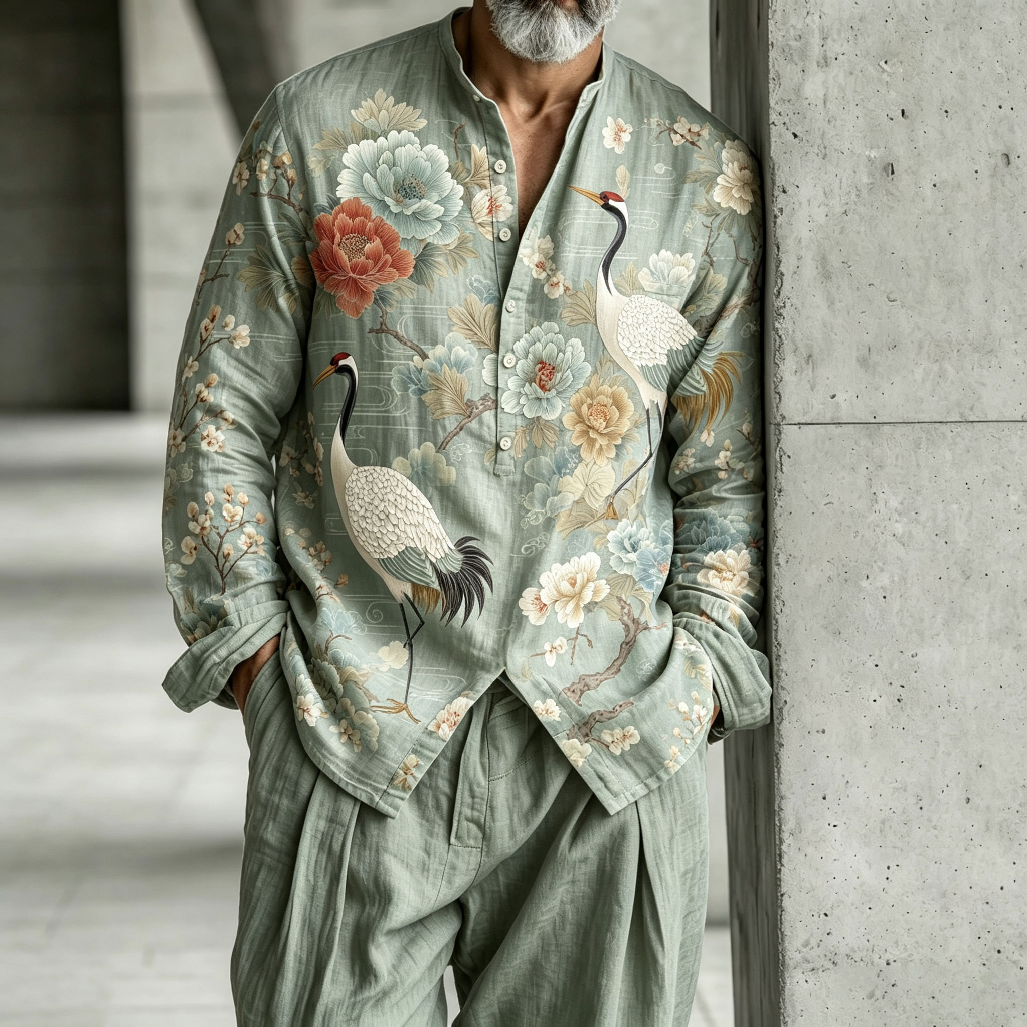para hombre Green Stand-Collar Half-con botones Henley camisa and pantalón