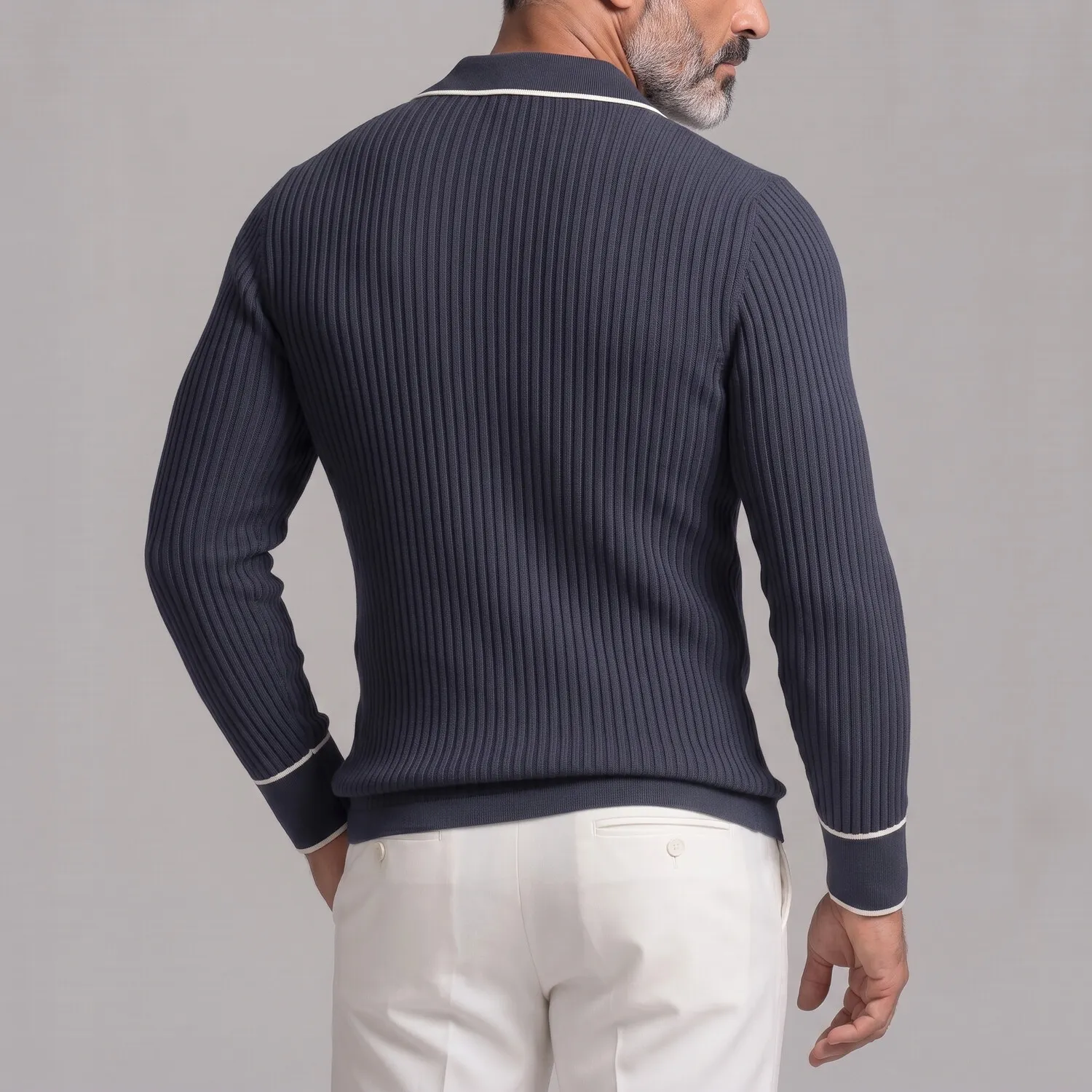 para hombre Ribbed tejido Contrast Piping Chest Pockets de corte entallado de manga larga camisa polo