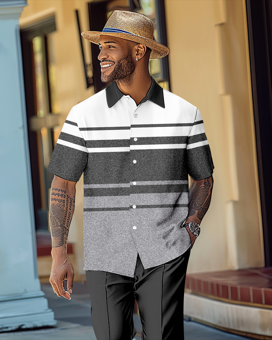 Camisa Gradient en bloques de color de manga corta Walking Suit 1114 para hombre
