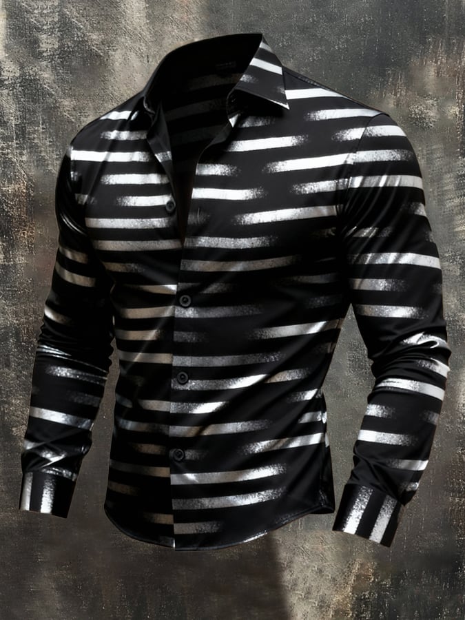 Camisa vintage Color-Block estampado de manga larga para hombre