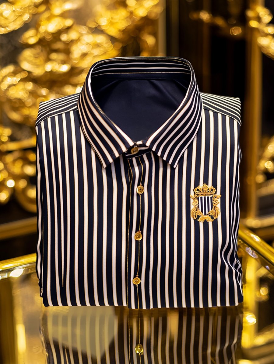 Camisa ejecutivo casual a rayas Logo estampado de manga larga para hombre