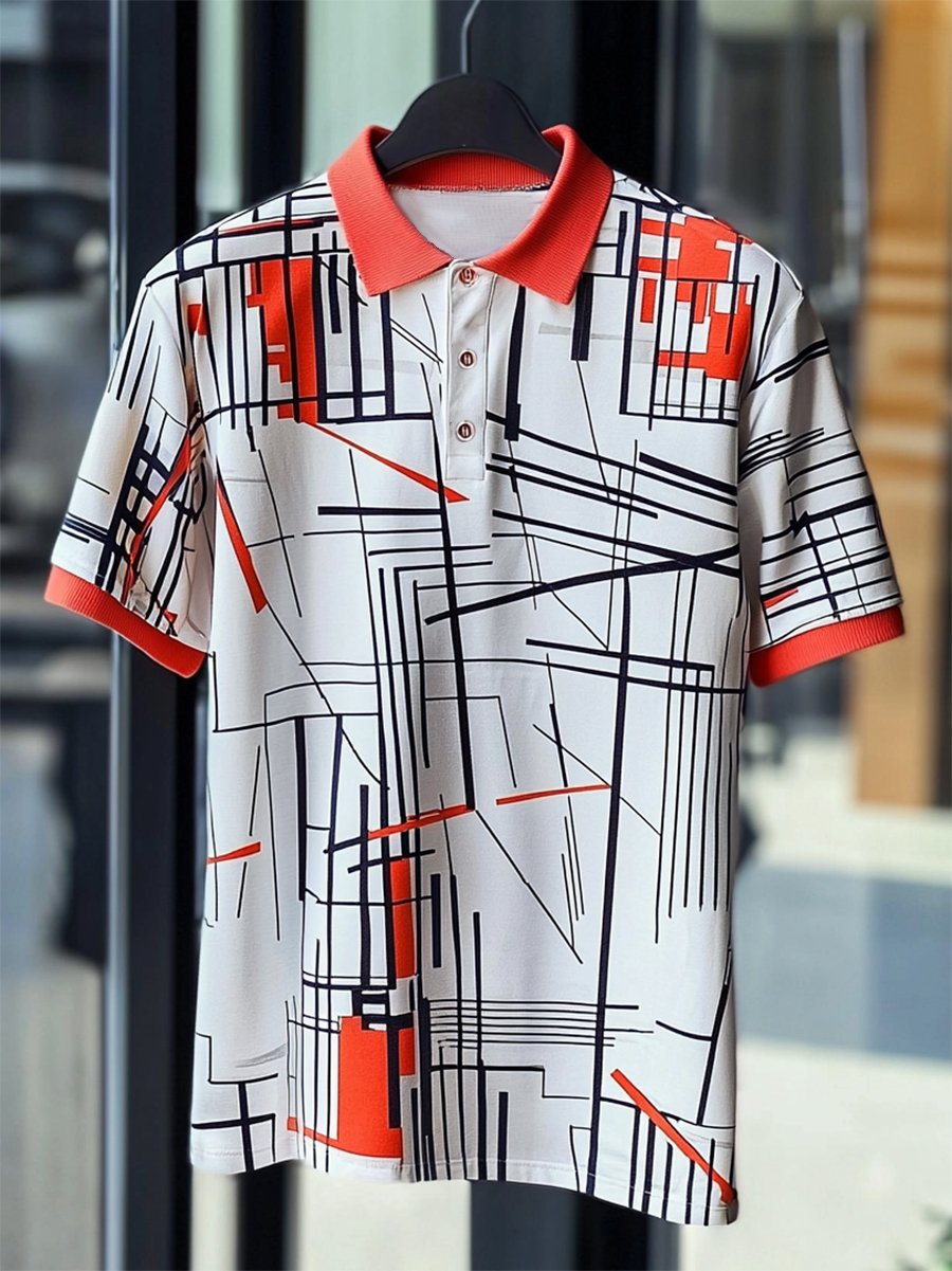 Camisa polo ejecutivo casual Bauhaus estampado Button de manga corta para hombre
