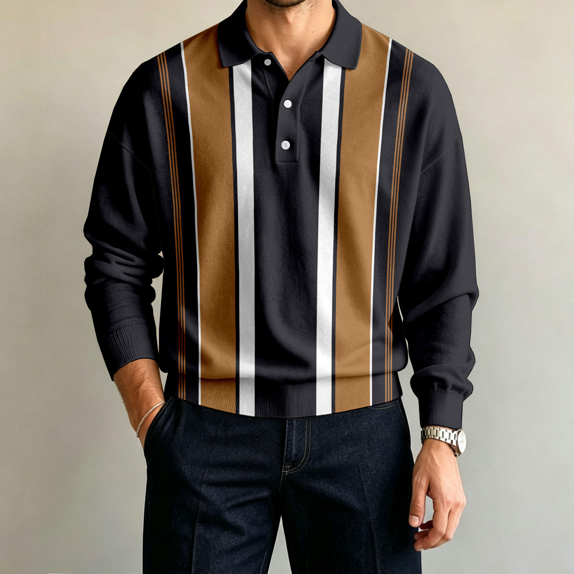 para hombre Two-Tone a rayas de manga larga camisa polo