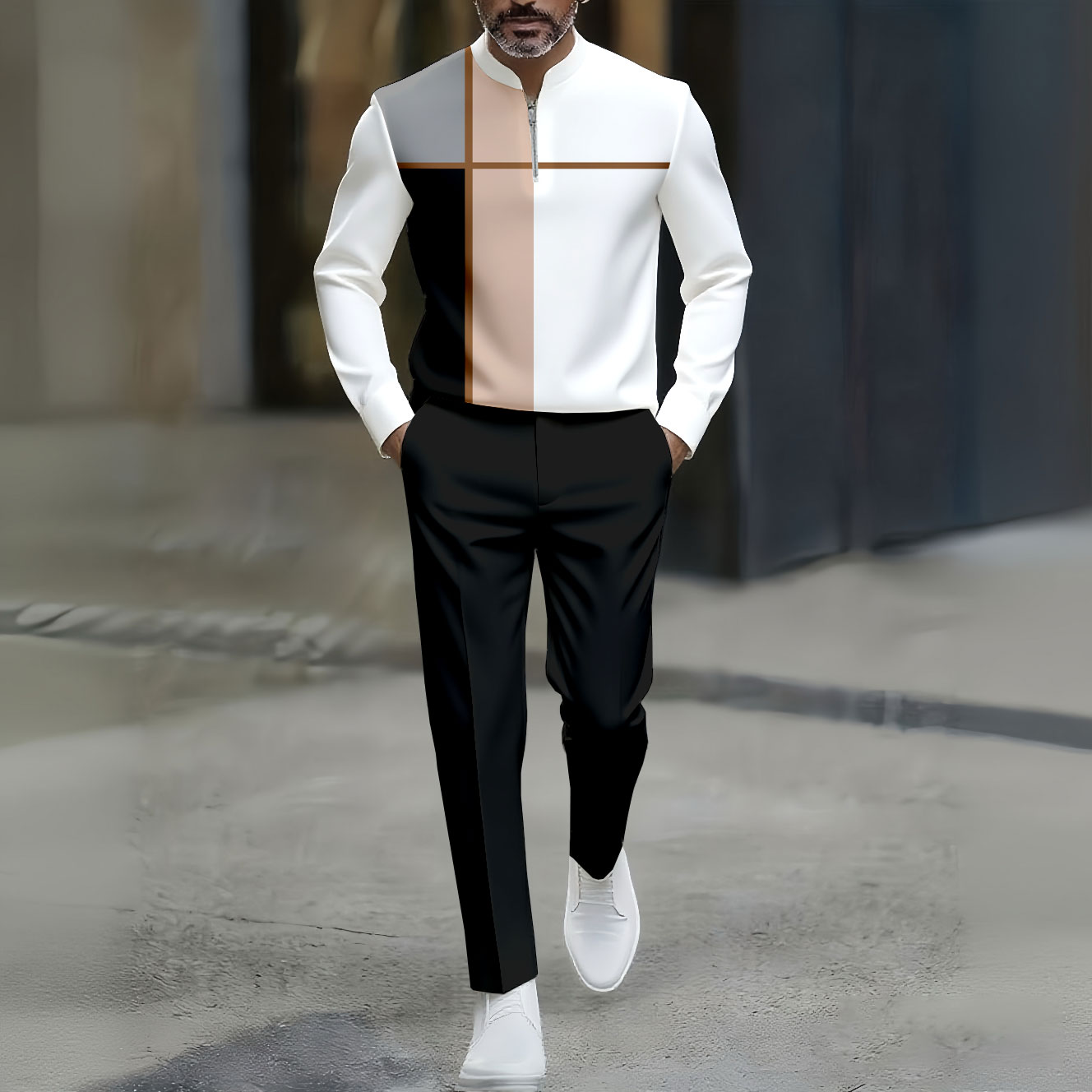 Conjunto de dos piezas casual Black & White Color Matching Asymmetric a rayas estampado Round-Neck Zipper de manga larga Trousers para hombre