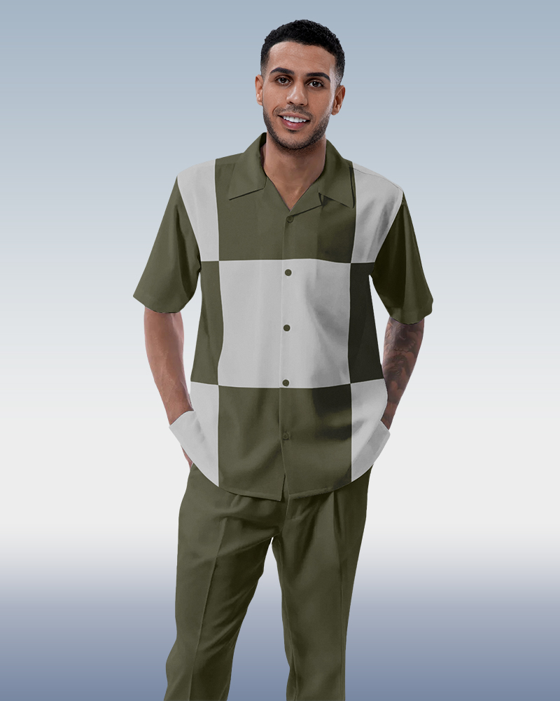 Olive Block Walking Suit 2-Piece de manga corta Suit