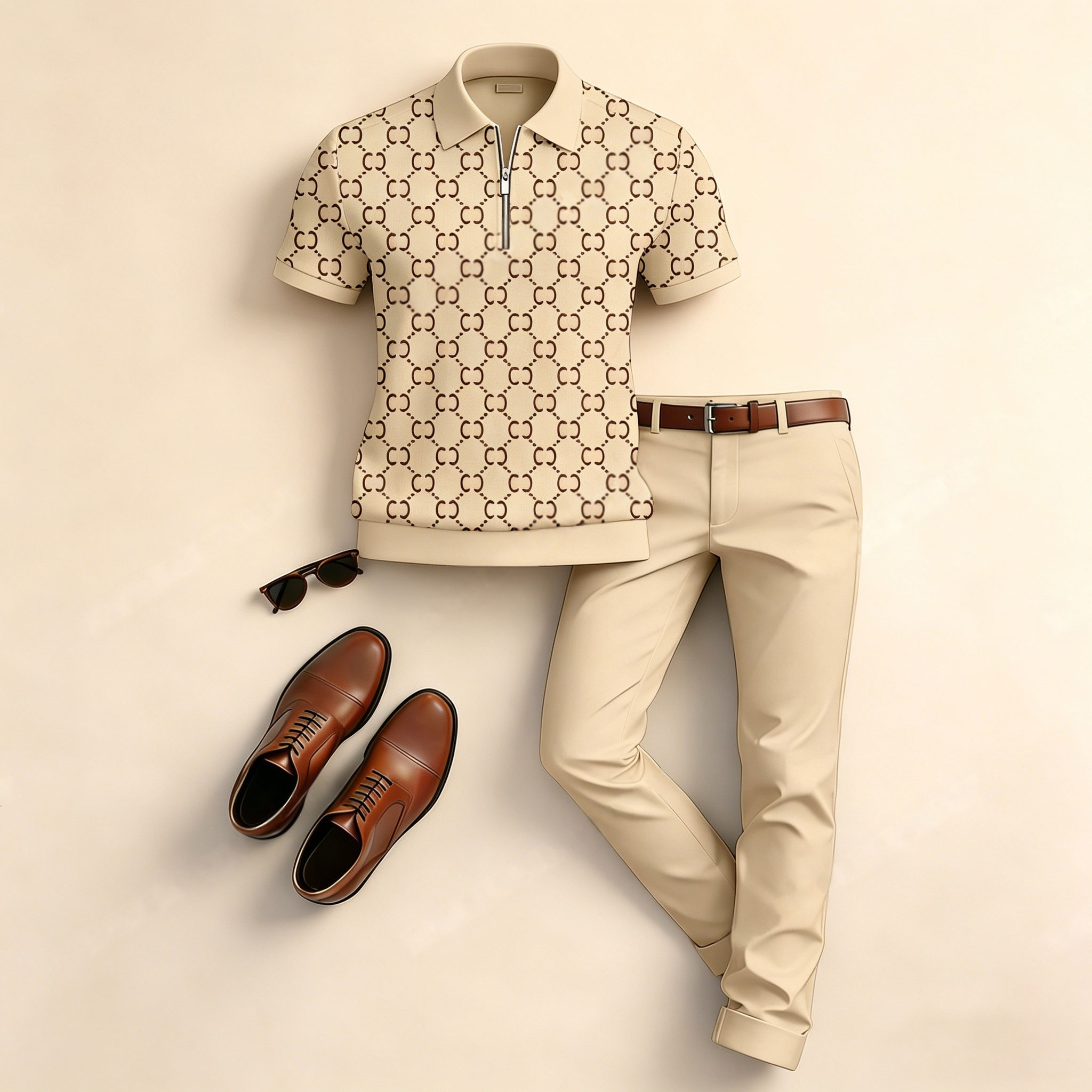 Conjunto de dos piezas casual vintage estampado de manga corta camisa polo And pantalón para hombre