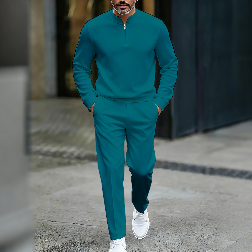 Conjunto de dos piezas casual de color sólido Round-Neck Zipper de manga larga Trousers para hombre