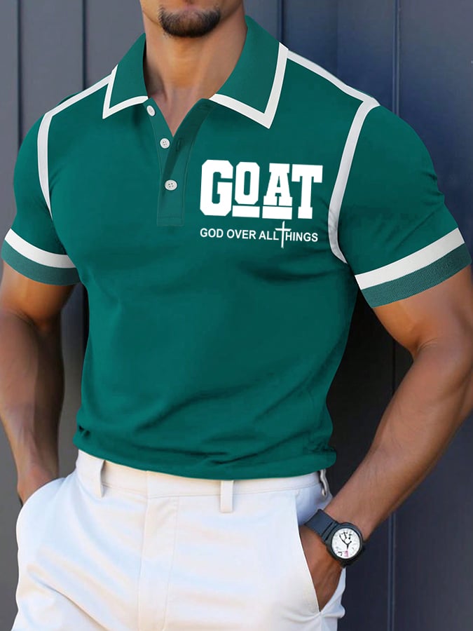 Camisa polo retro Faith “Goat God Over All Things” casual estampado para hombre