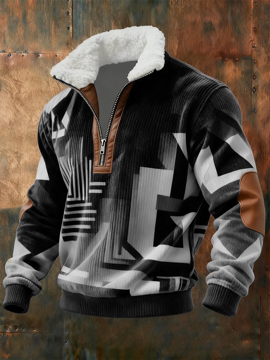 Sudadera retro geométrico Quarter Zip polar Neck para hombre